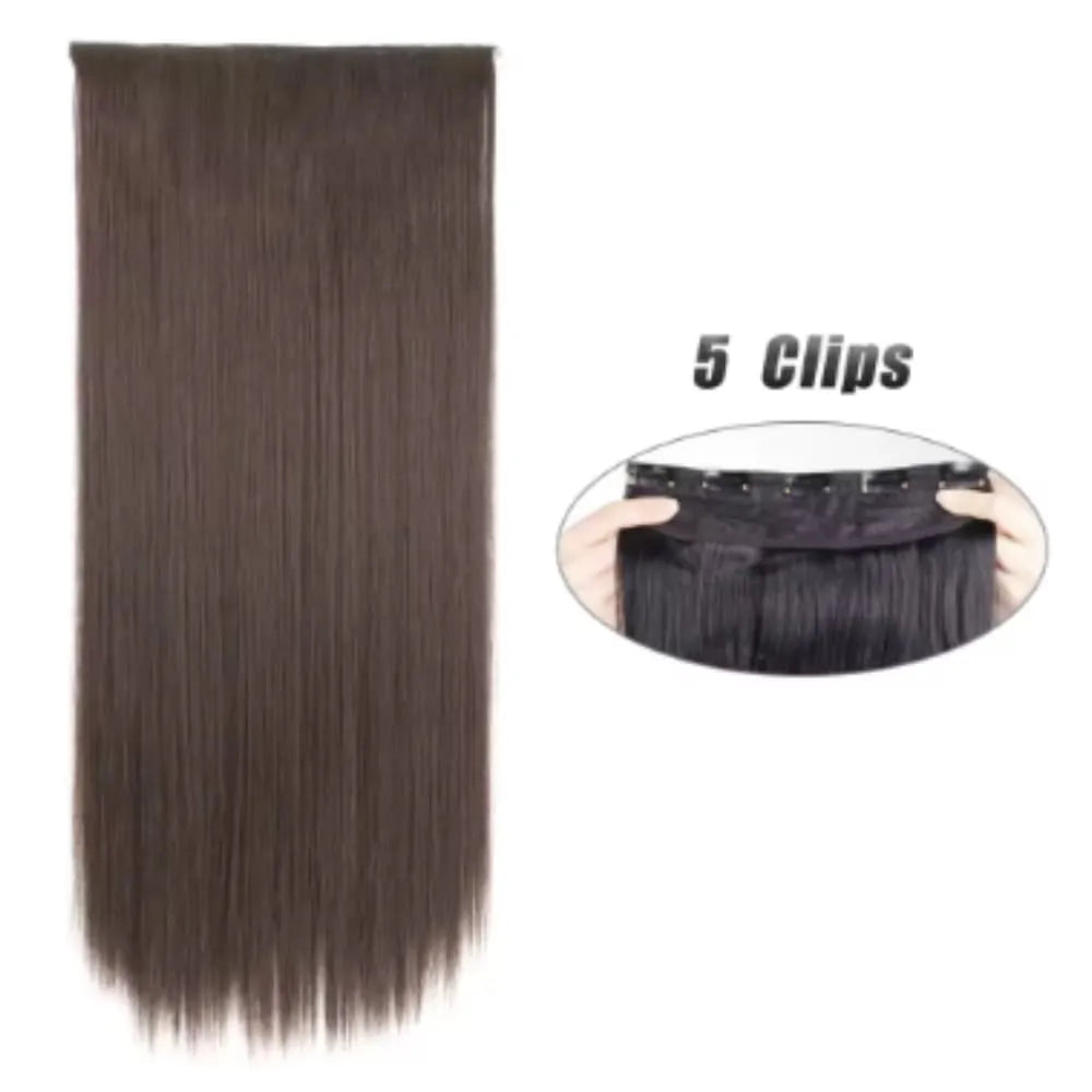 Aplique De Cabelo Castanho Médio Liso Sintético Com 5 Clipes