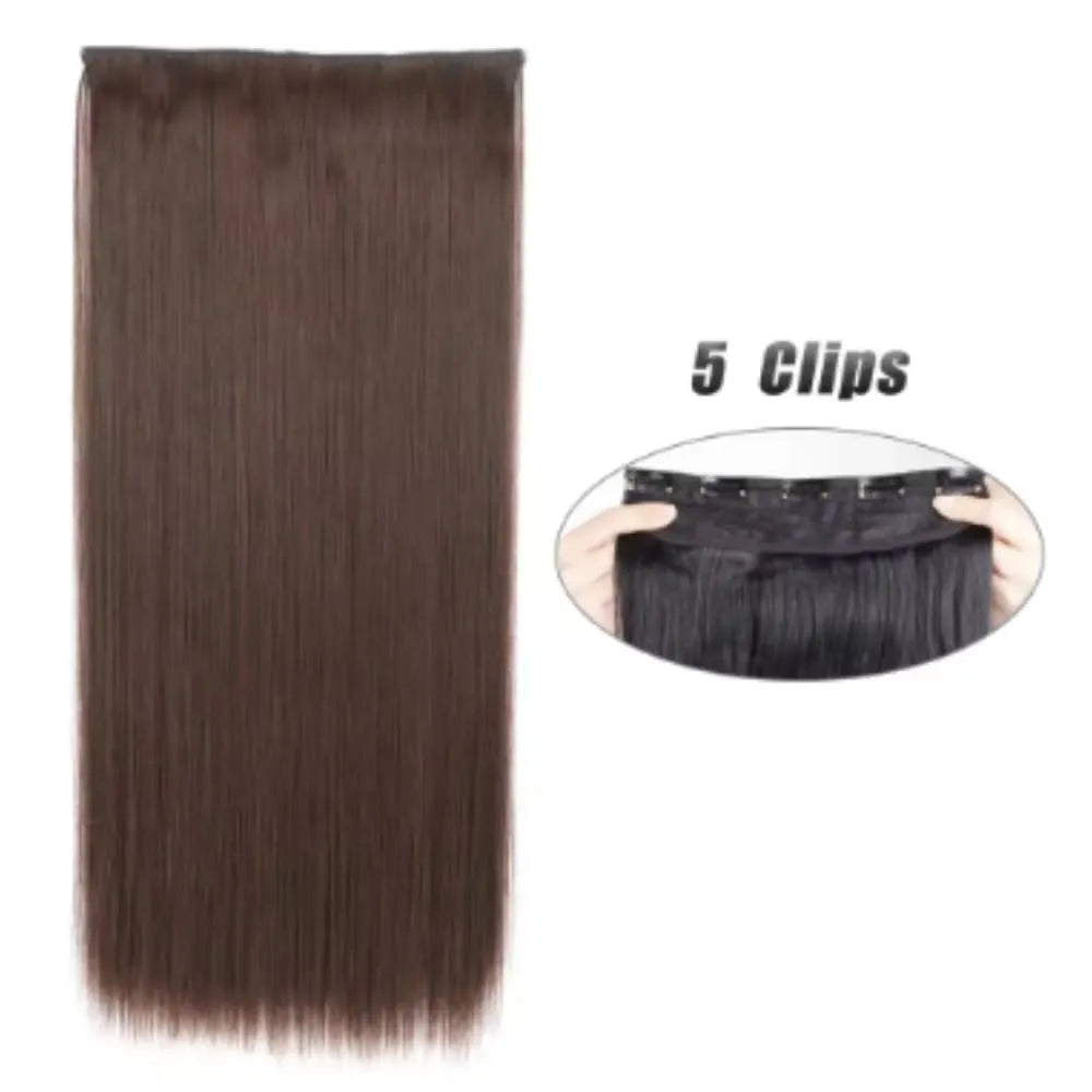 Aplique De Cabelo Castanho Claro Liso Sintético Com 5 Clipes